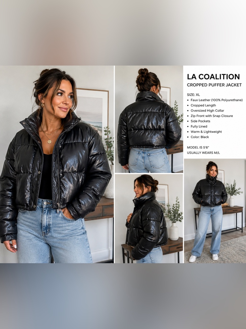 LA Coalition Black Faux Leather Cropped Puffer Jacket XL Oversized Bubble Coat